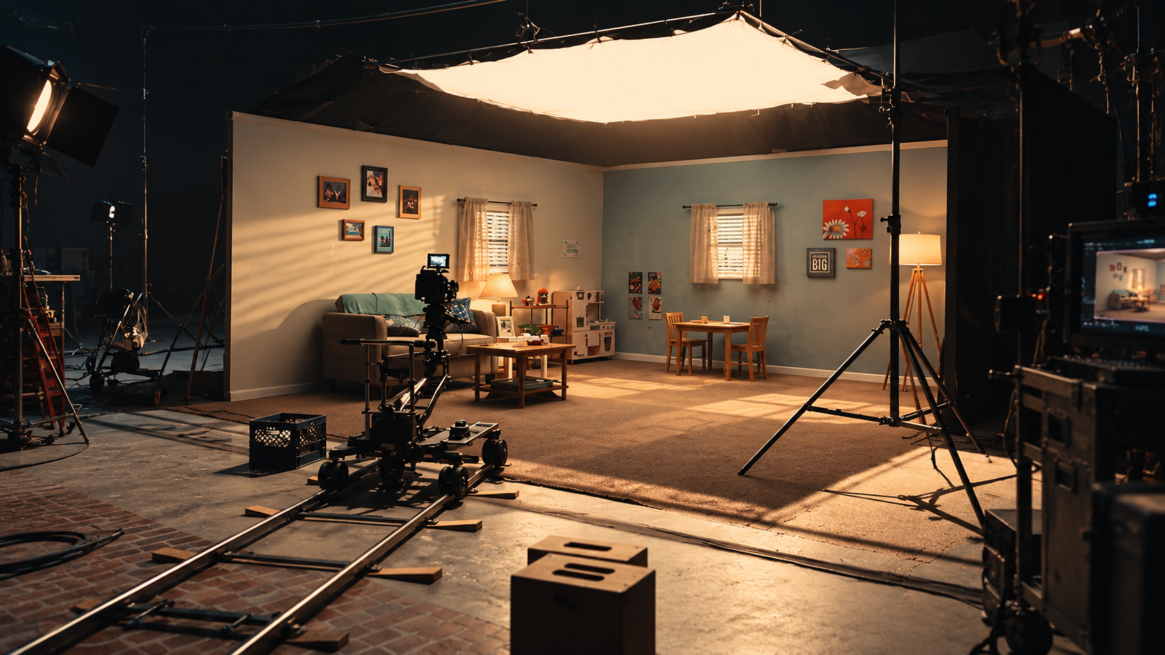 A cinematic film set with cameras, lights and a furnished room